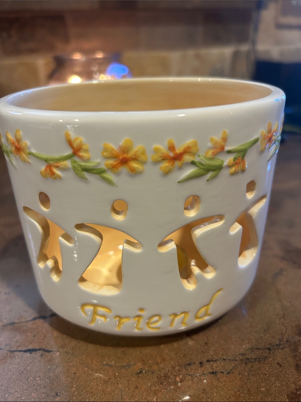 Friend Ceramic Tea Light Holder - White with Yellow Floral Accent